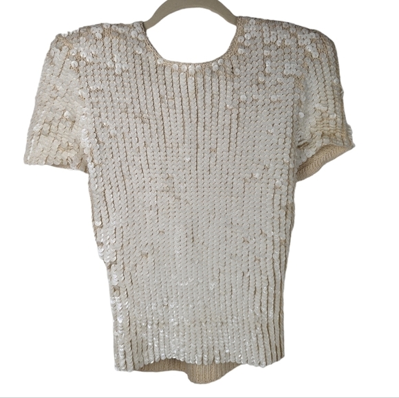 Vintage E. Haas & Co Sequin Wool Top Open Back Puff Sleeve Cream Rare Find Sze M - Picture 9 of 13